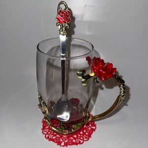 Glass Tea Mug with Red Rose Accent and Decorative Spoon